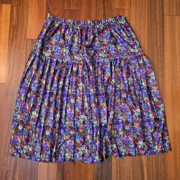 Vintage 80s Floral Purple Pleated Sz:16 Skirt Elastic Waist Midi Cottagecore - Picture 7 of 7